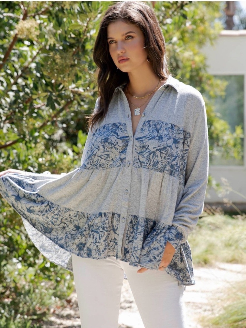 NWT Young Threads Grey Floral Tiered Babydoll Top L